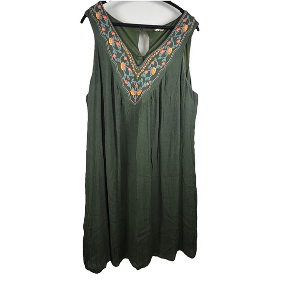 AUW Dresses & Skirts - AUW MIDI Dress Floral‎ Print V Neck Embroidered Plus 3X Green Sleeveless Boho